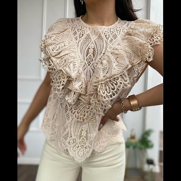ZARA Ruffled Lace Top NWT Cream Size M - Picture 11 of 16